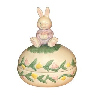 Ceramic Decorated Easter Egg Candy Jar/Trinket Dish w/Bunny Rabbit on the Top